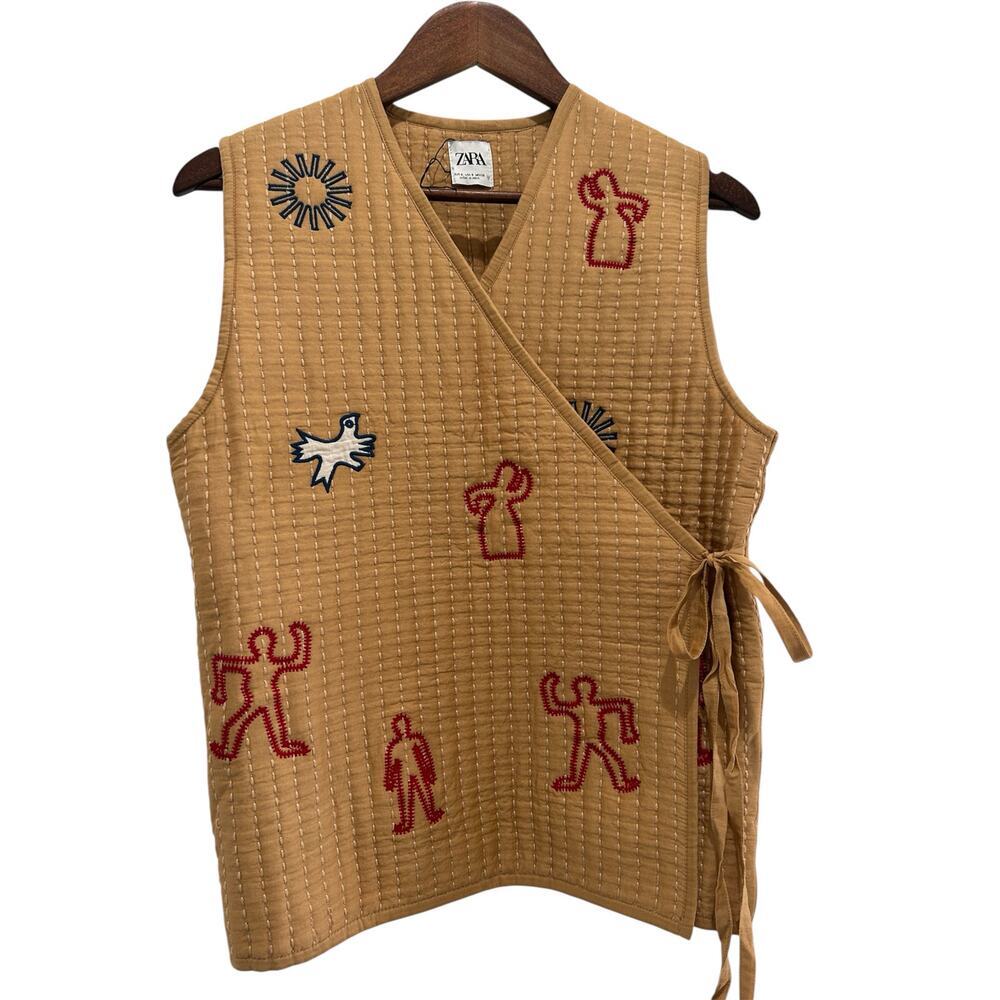 NWOT ZARA Quilted Wrap Vest Kimono Style Embroidered Size S Folk Art Boho - Picture 3 of 10